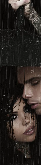 Free dark romance bookmark featuring a couple in heavy dark rain